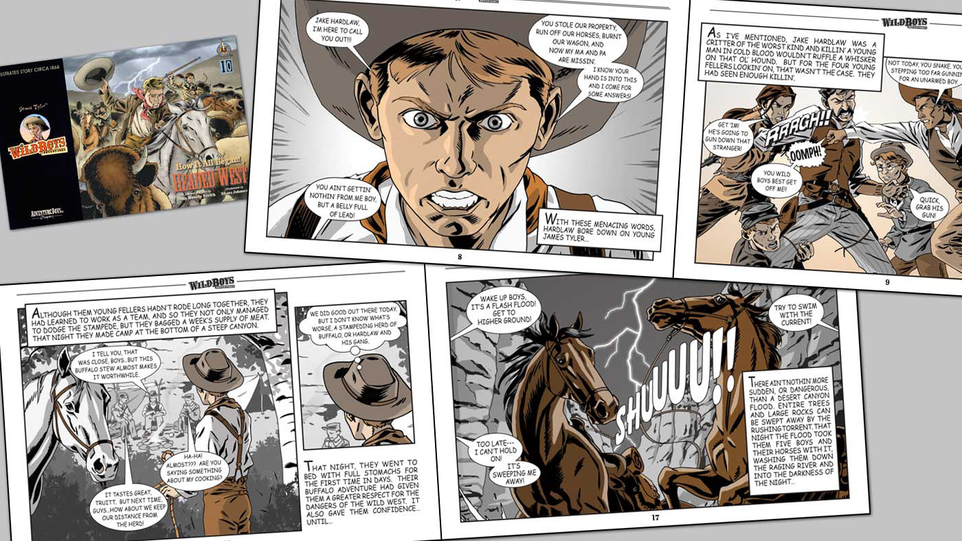 Sample pages from a children's western themed comic book highlighting graphic design and typography