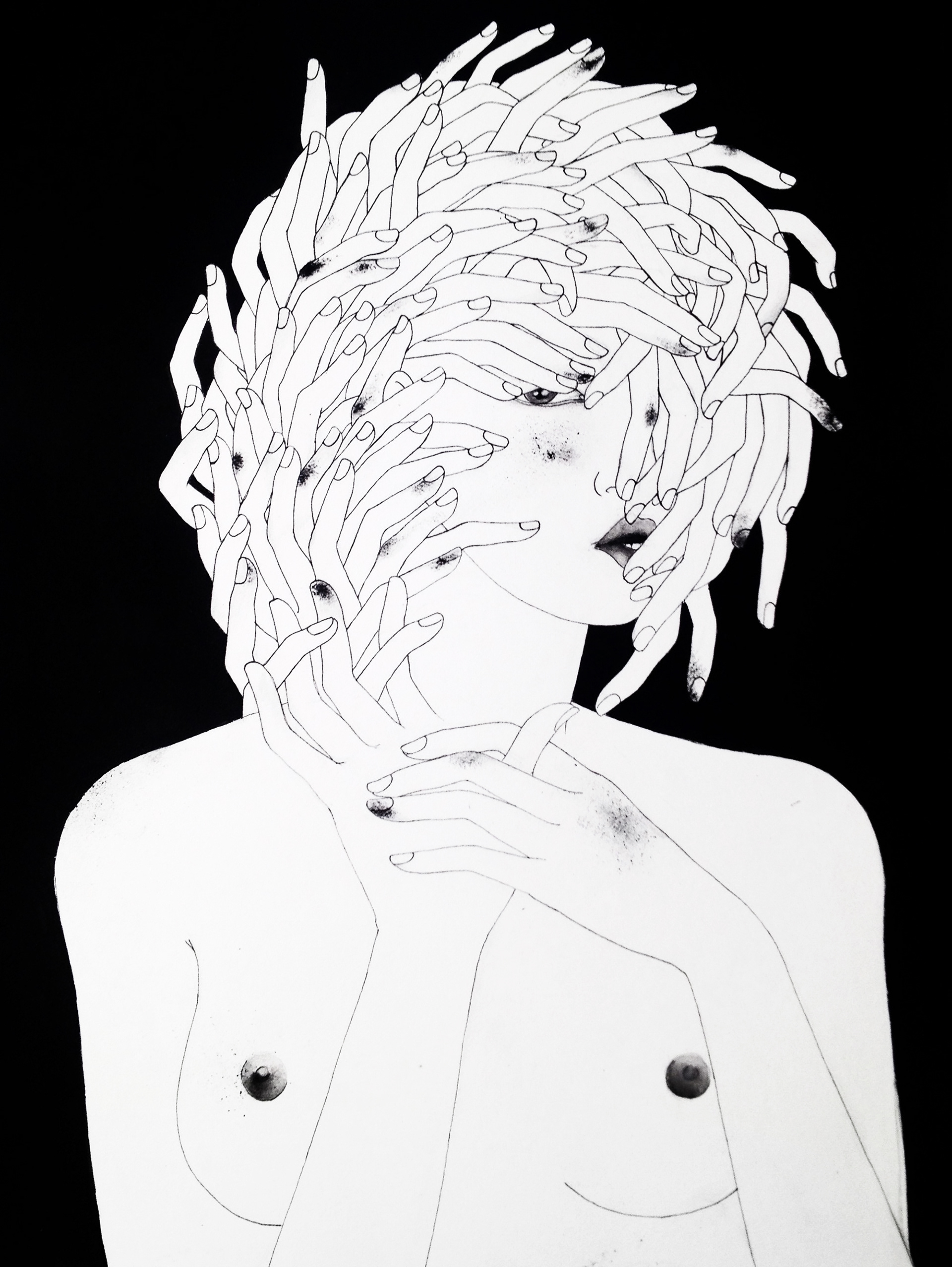 surreal black and white hand drawing of a girl
