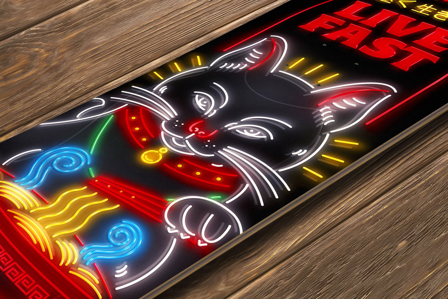 Live Fast, Eat Spicy Neon Skateboard Japanese Design by Jeffrey Dirkse