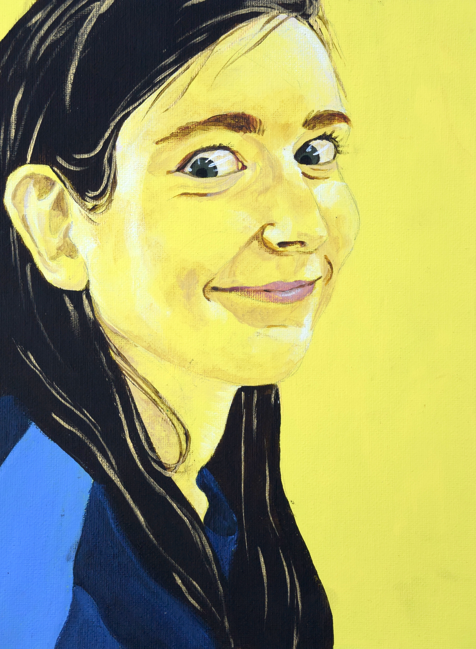 an acrylic portrait of a girl on a yellow coloured ground