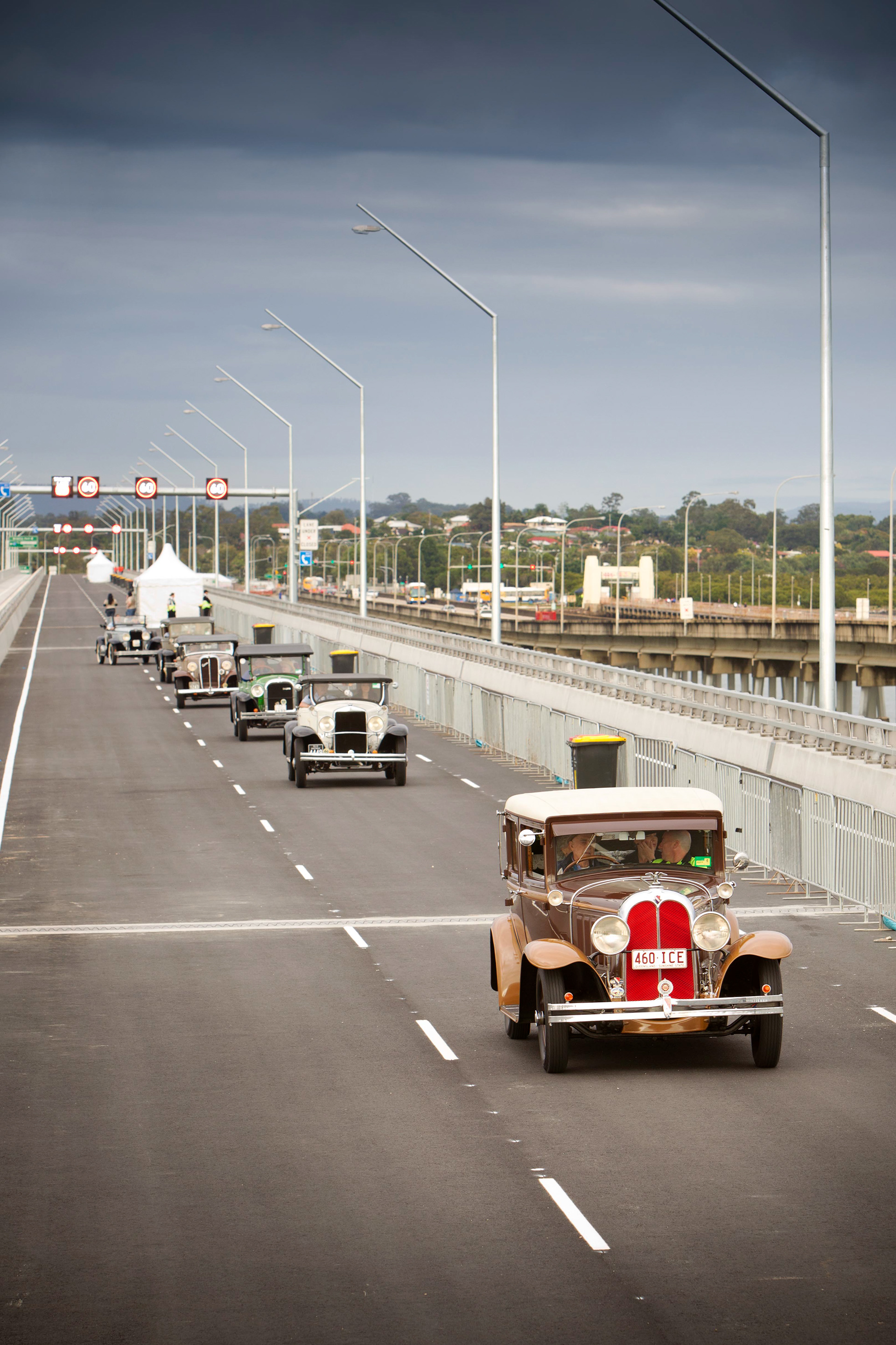 Vintage Cars crossing the bridge during the open day celebrations