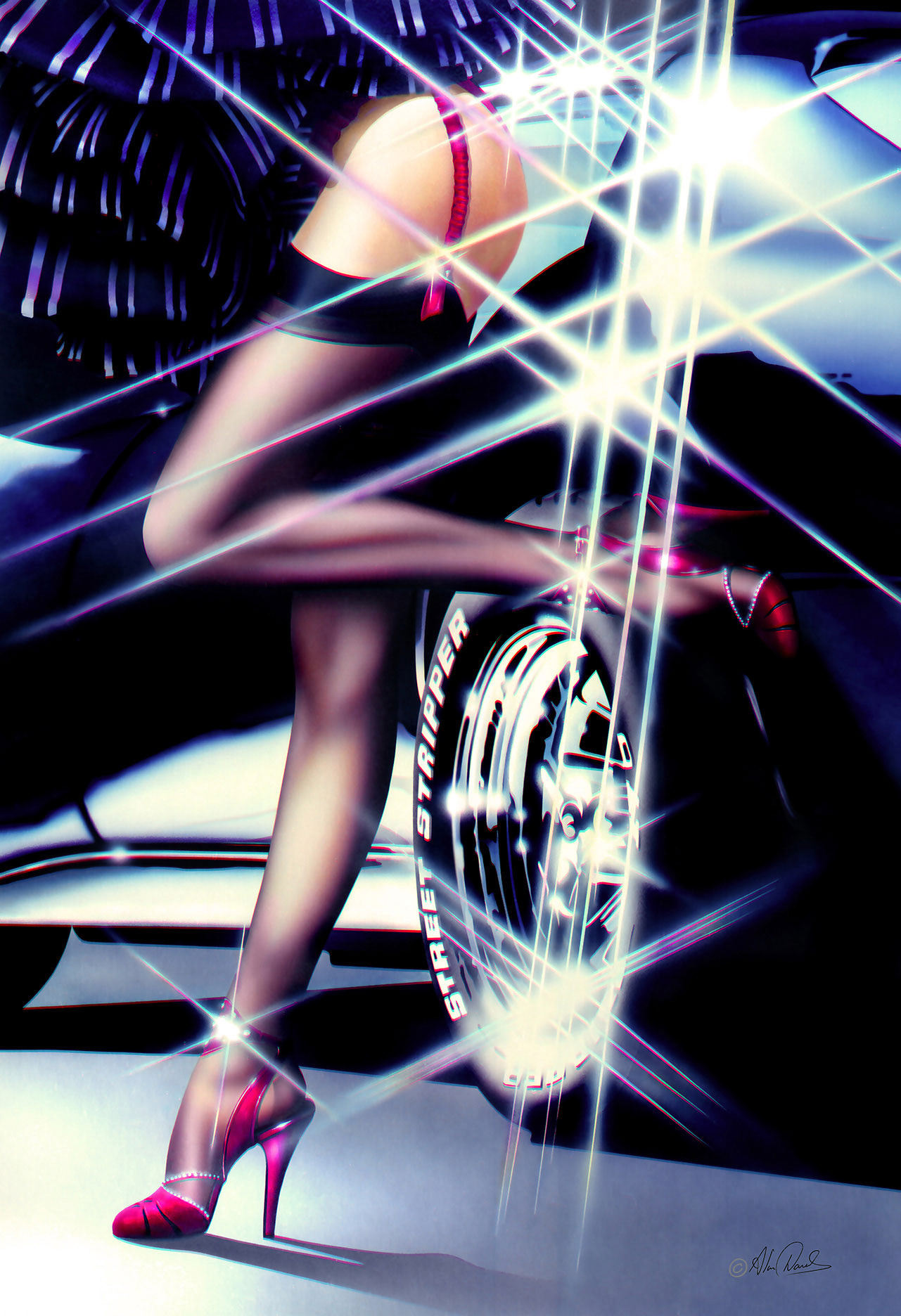 A lady in black stockings leaning against a black Corvette. High heel shoes and garter belt.