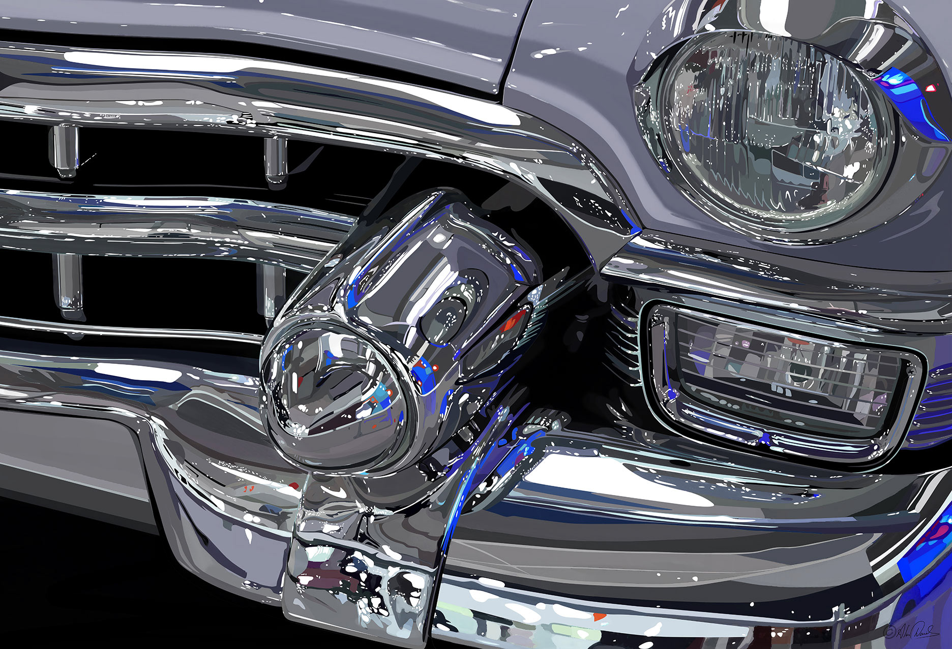 1958 Chevrolete Impala front grill bumper and lights, shiny chrome and reflections.