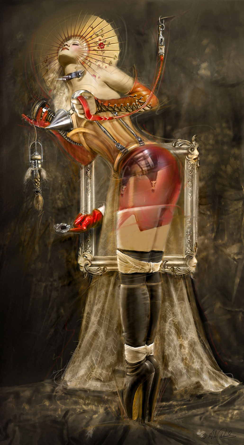 A lady curator looking after all things important, wearing red latex skirt, red leather gloves ,high heel boots and a headdress.