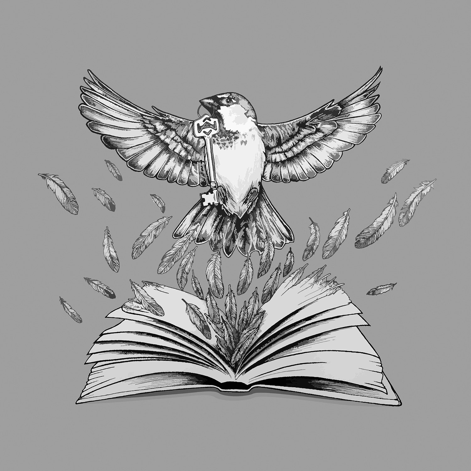 Detailed greyscale illustration of a bird flying out of an open book, holding a key in its beak