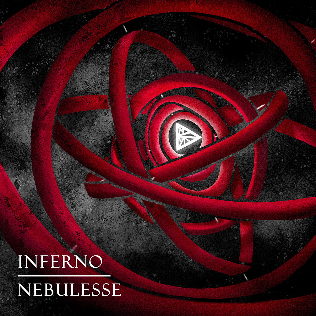 Single artwork for the song Inferno by Nebulesse featuring a red 9-ringed gyroscope