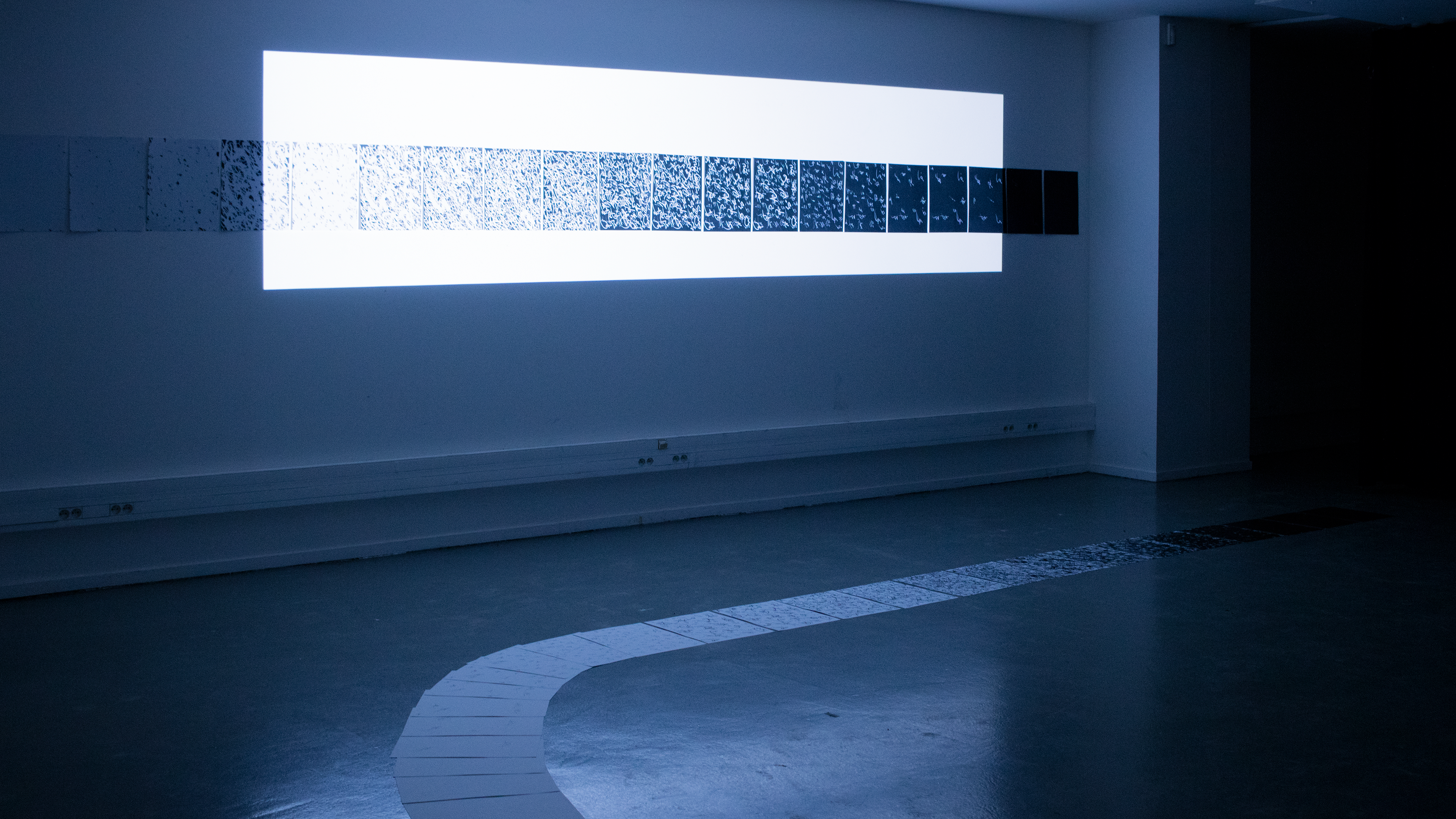 Martina Stella, La Spatialisation de l’écriture asémique: Prima stanza, la linea, 2019. Installation composée de 52 feuilles de papier format A3 et un vidéoprojecteur.