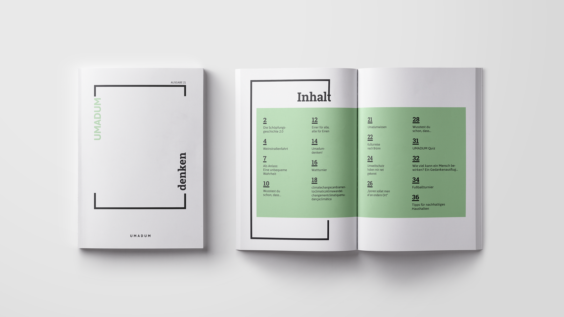 umadum, ausgabe 21, Editorial Design, Deckblatt und Inhaltsverzeichnis