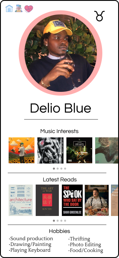 Interface for a dating app that matches users based on similar interests and compatible zodiac sign.