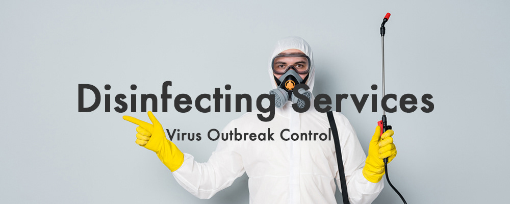 Disinfecting Services, Virus Outbreak Control, Man in hazmat suit with disinfectant fogging device