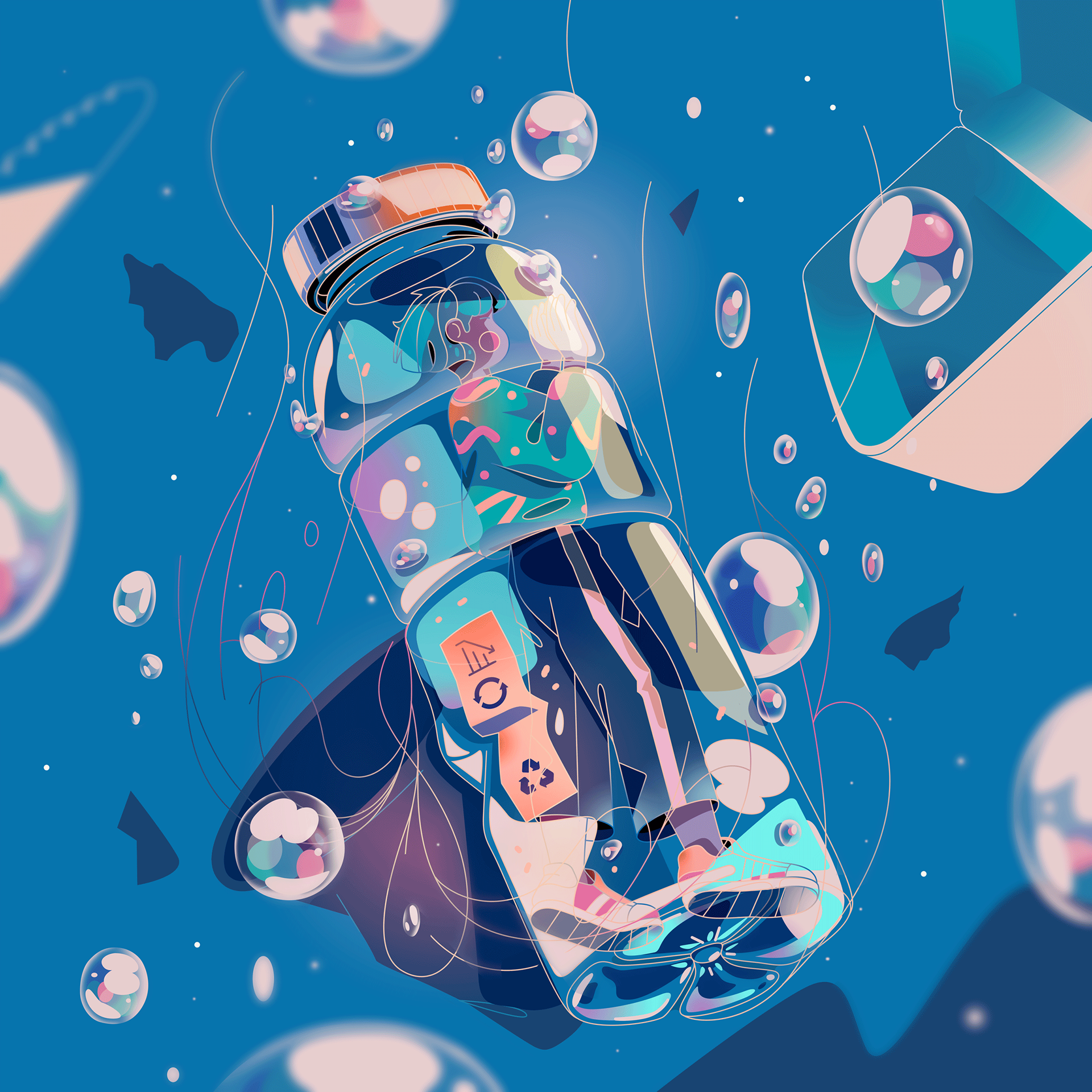 Character inside a plastic bottle sinking under water with other waste in the sea.