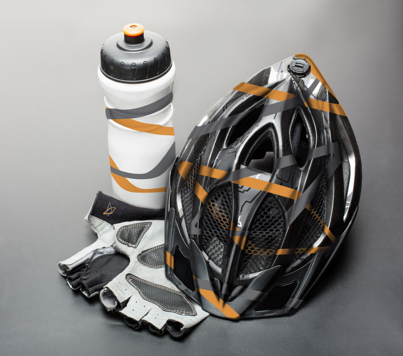 Water bottle, cycling or biking helmet and gloves with orange and black strips
