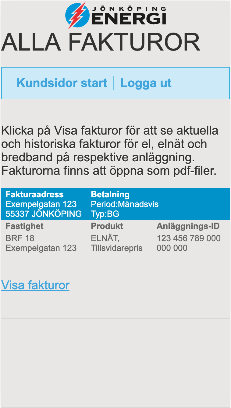 Jönköping energi original customer portal, invoices page