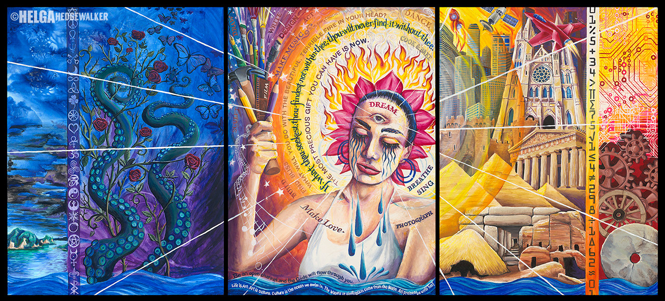 Nuit: Queen of Heaven: 36 inches high x 60 inches wide, acrylic and mixed media on canvas. $3,000.00