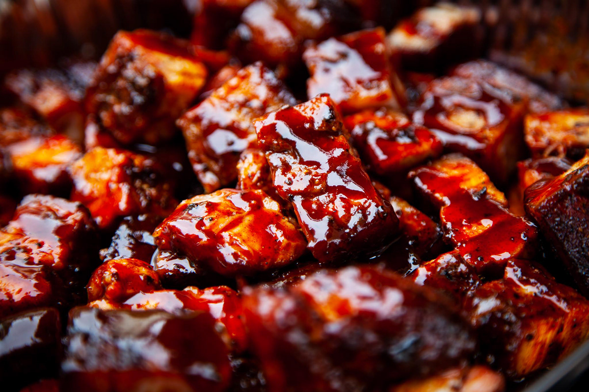 Outdoor Cooking Pork Belly Burnt Ends on the Kamado Joe