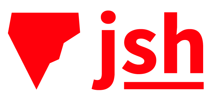 combined logo and wordmark for joshua orr studio. shape evocative of an iceberg, or silhouette of a house, but inverted, in bright red. the letters are 'j, s, h' the short hand for Josh