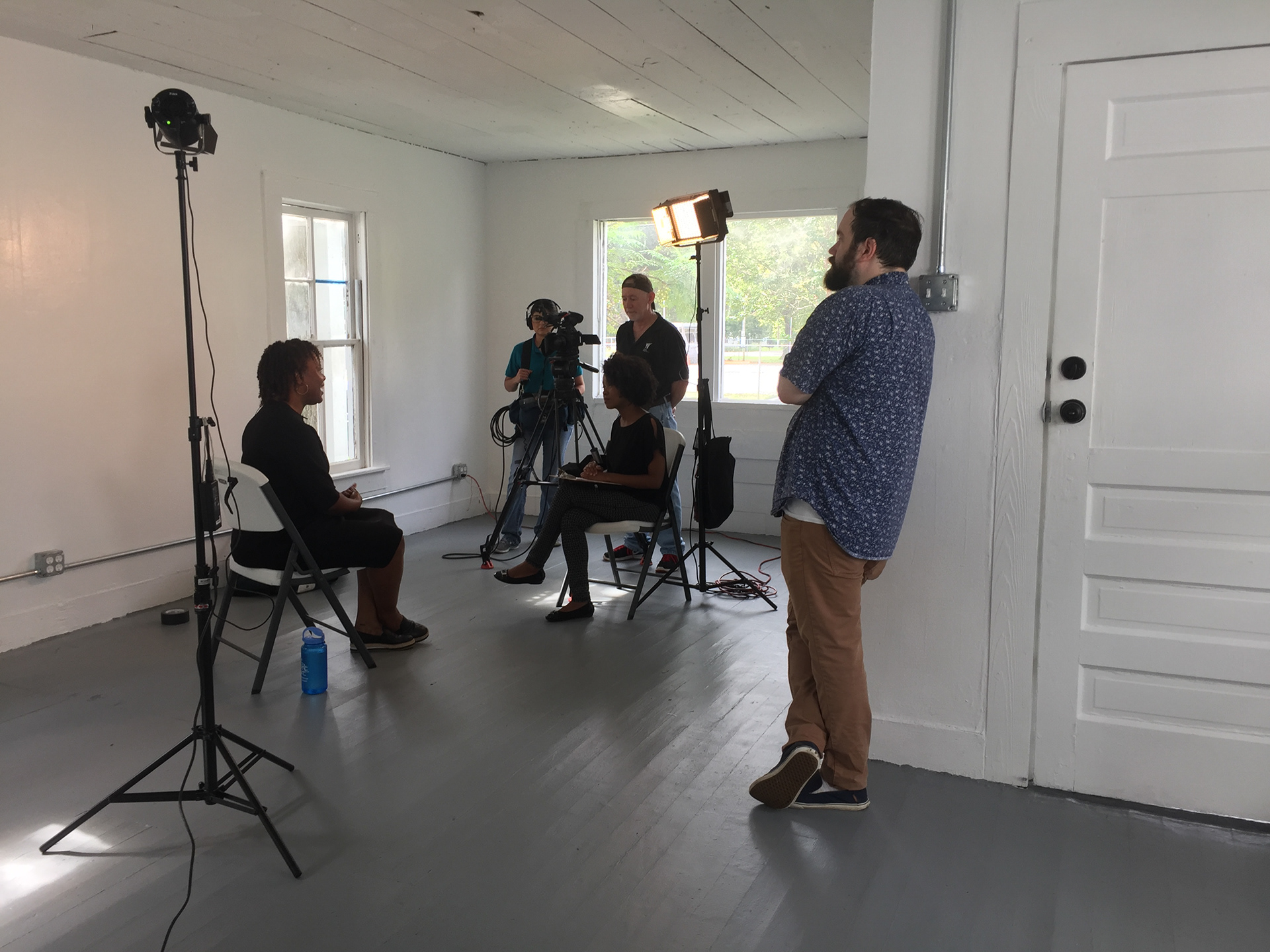 Recording stand-ups with producer, Tomeka Weatherspoon, for a feature about Project Row Houses on Arts Insight