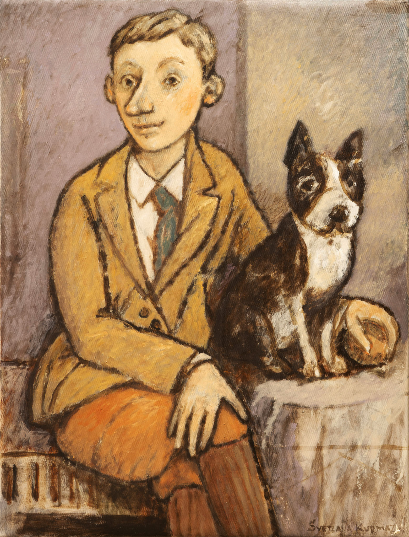 BOY WITH PUPPY, oil on canvas, 60x45x2cm, 2020