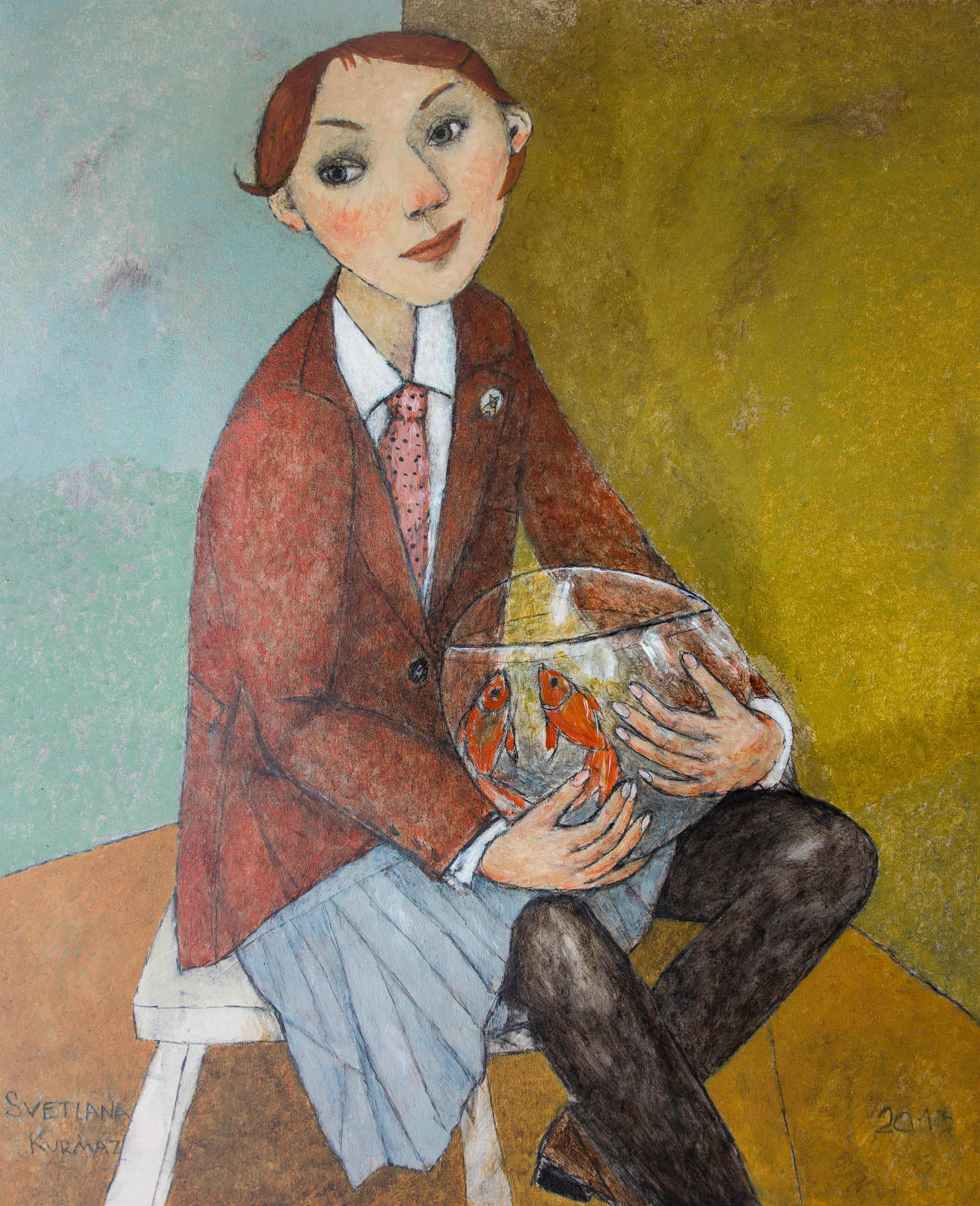 GIRL WITH GOLDEN FISHES, oil on canvas, 100x80cm. SOLD