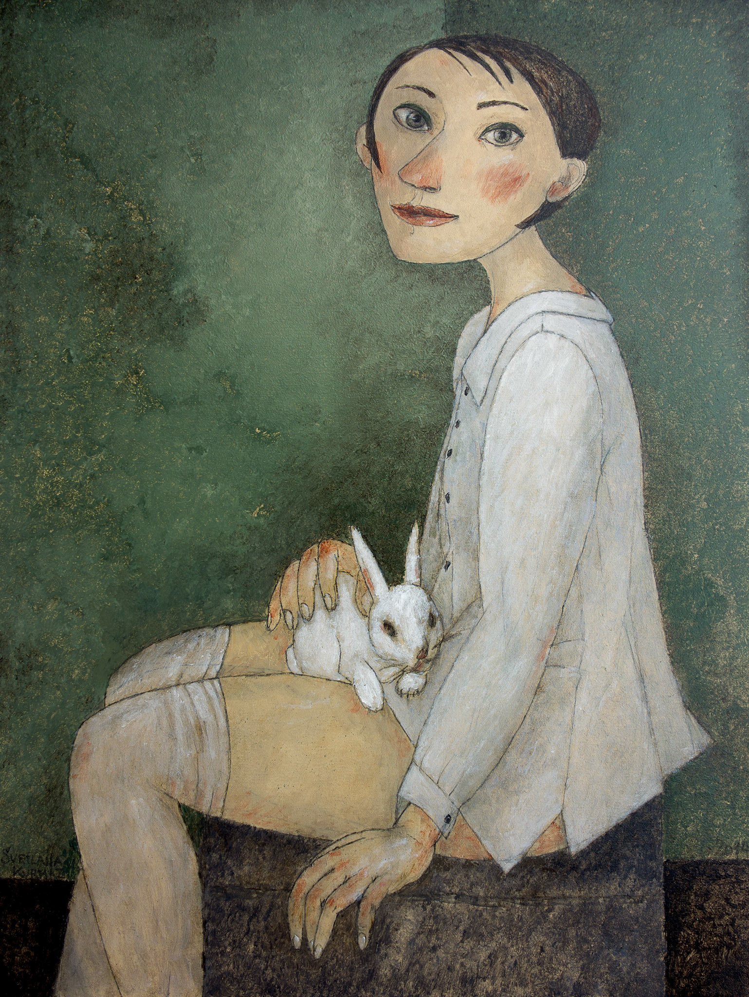 GIRL WITH WHITE RABBIT, oil on canvas, 80x60cm. SOLD
