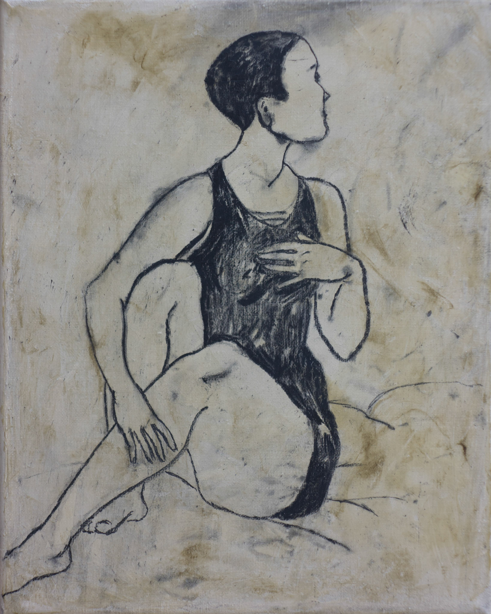 MODEL IN A SWIMSUIT, charcoal on canvas, 24x18cm.