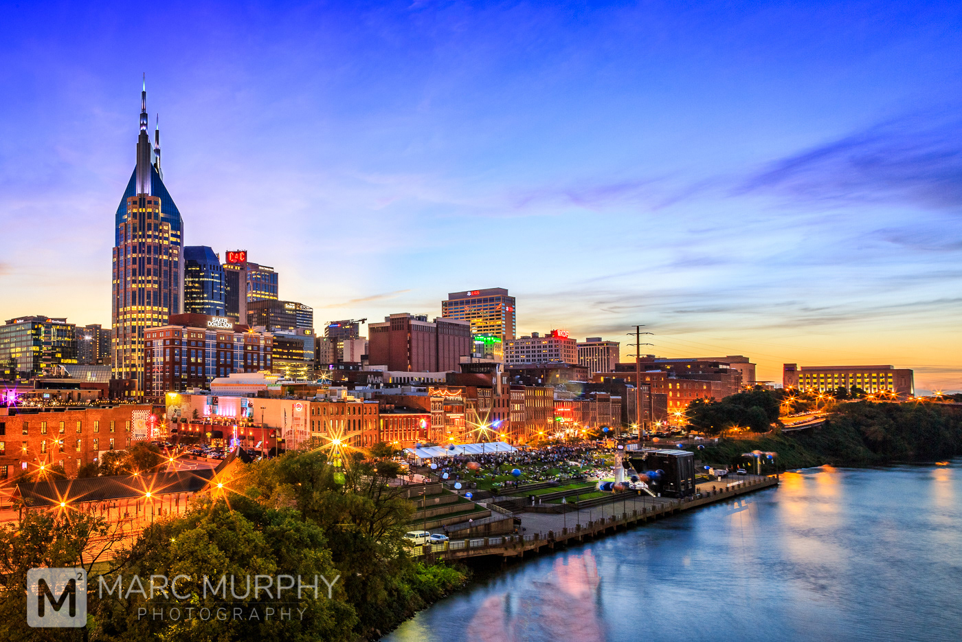 Downtown Nashville Tennessee Skyline and Cumberland River at Sunset with Blue, Pink, Purple, Orange and Yellow Sky