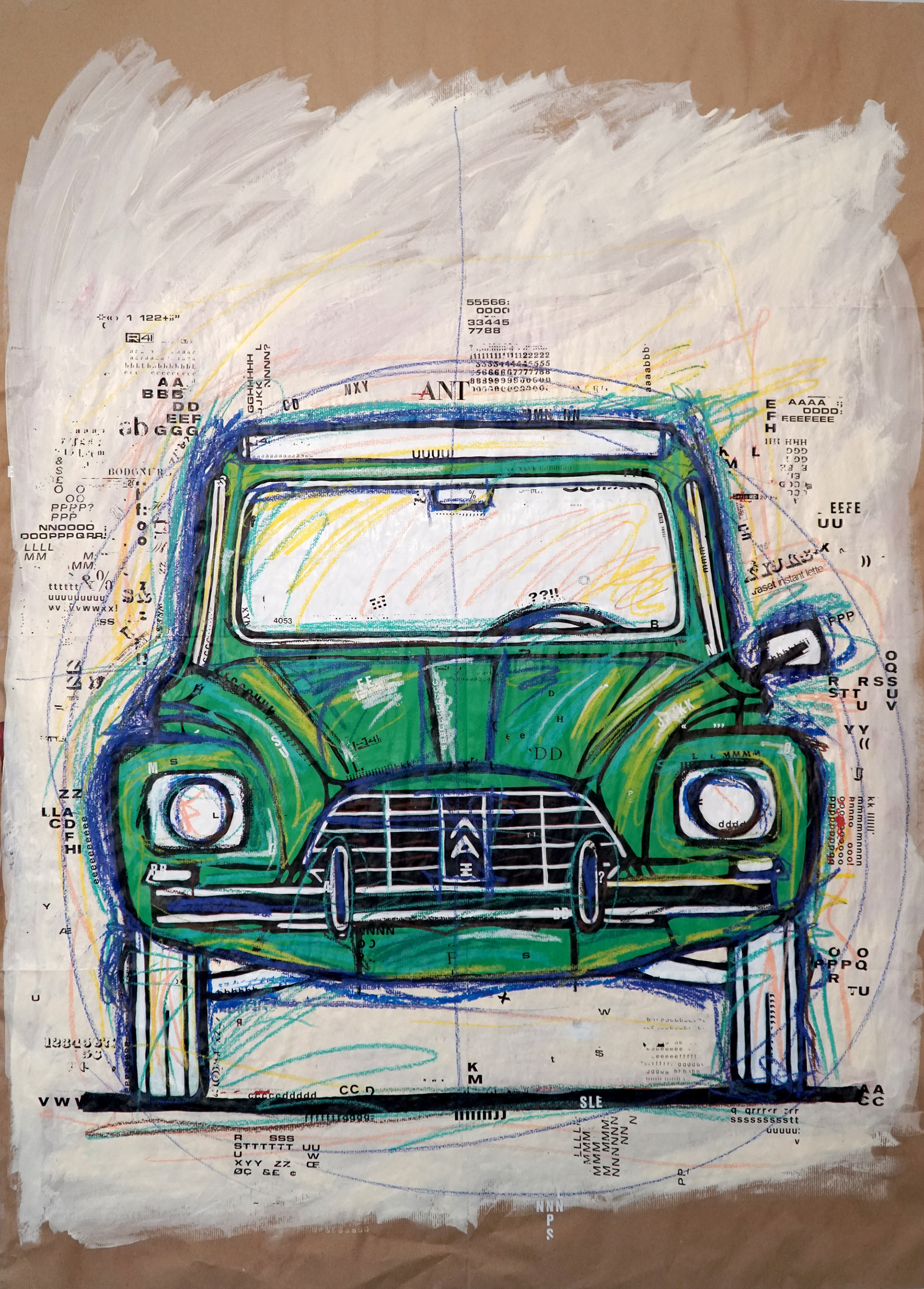 “Citroën Dyane” Acrylic color, dry-transfer lettering on wrapping paper 100x140 cm 2020
