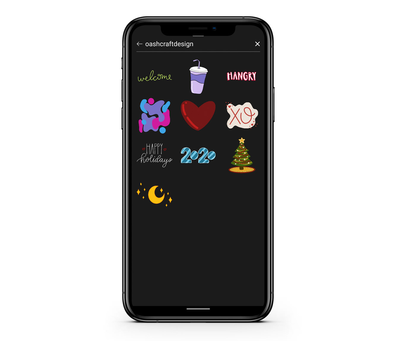 Mockup of Instagram gif search "oashcraftdesign" on an iPhone
