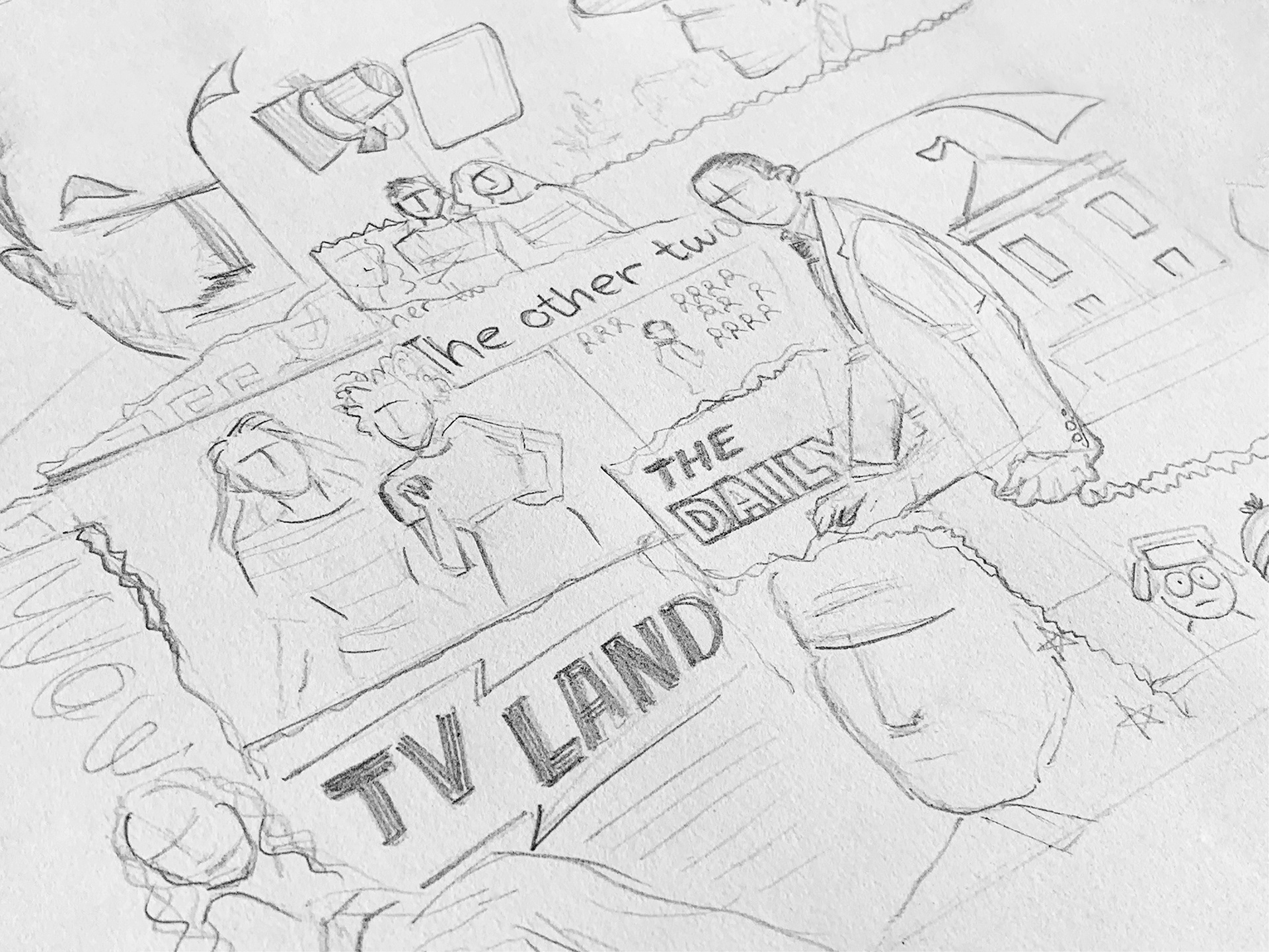 Viacom Cross-Brand LA Office Art (Comedy Central, Paramount Network, TV Land) — First Draft Pencil Sketch for Design Direction 02 (Left Wall Panel)