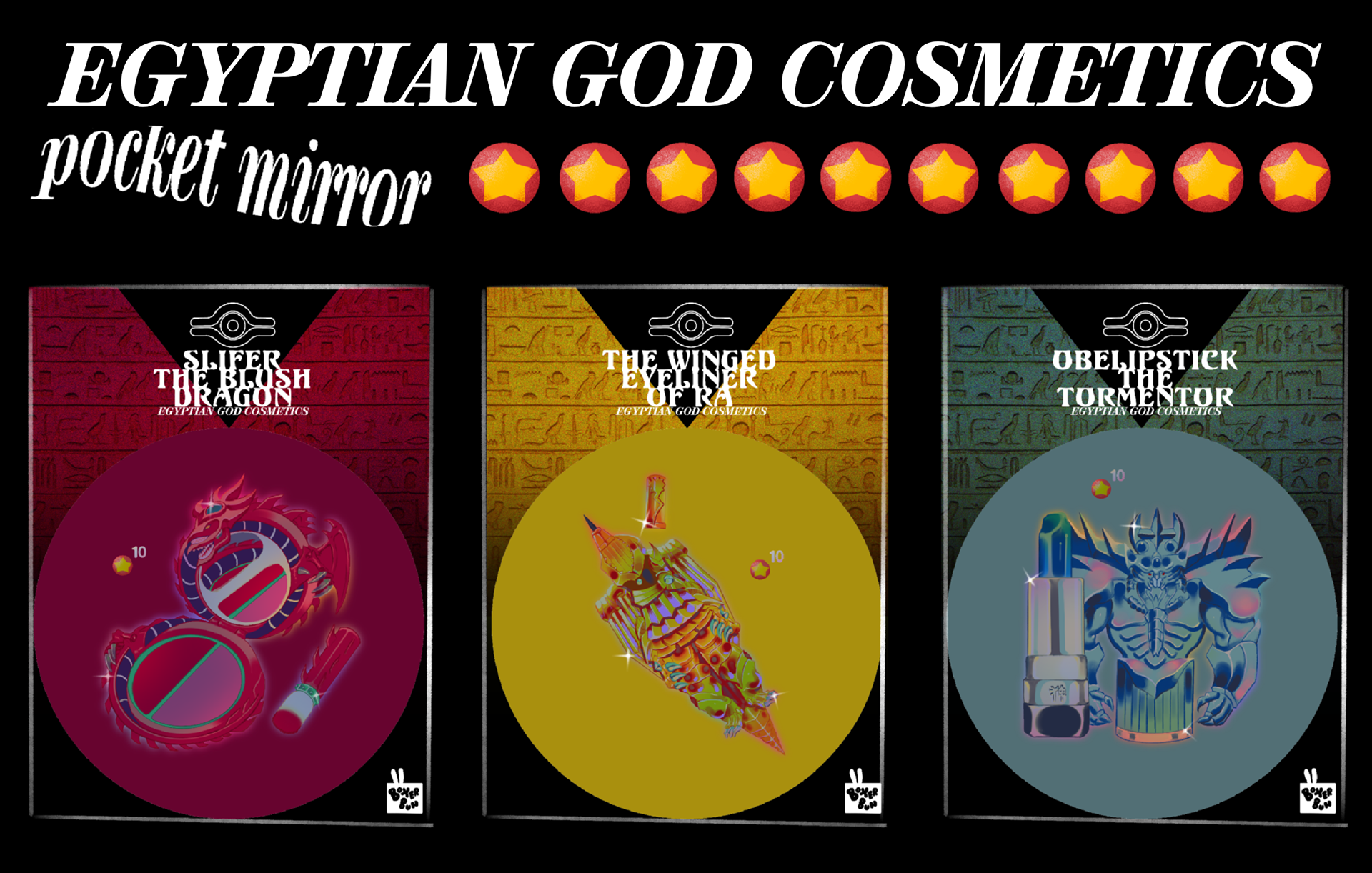 Packaging and display design for "Egyptian God Cosmetics pocket mirrors", a YGO fan merch