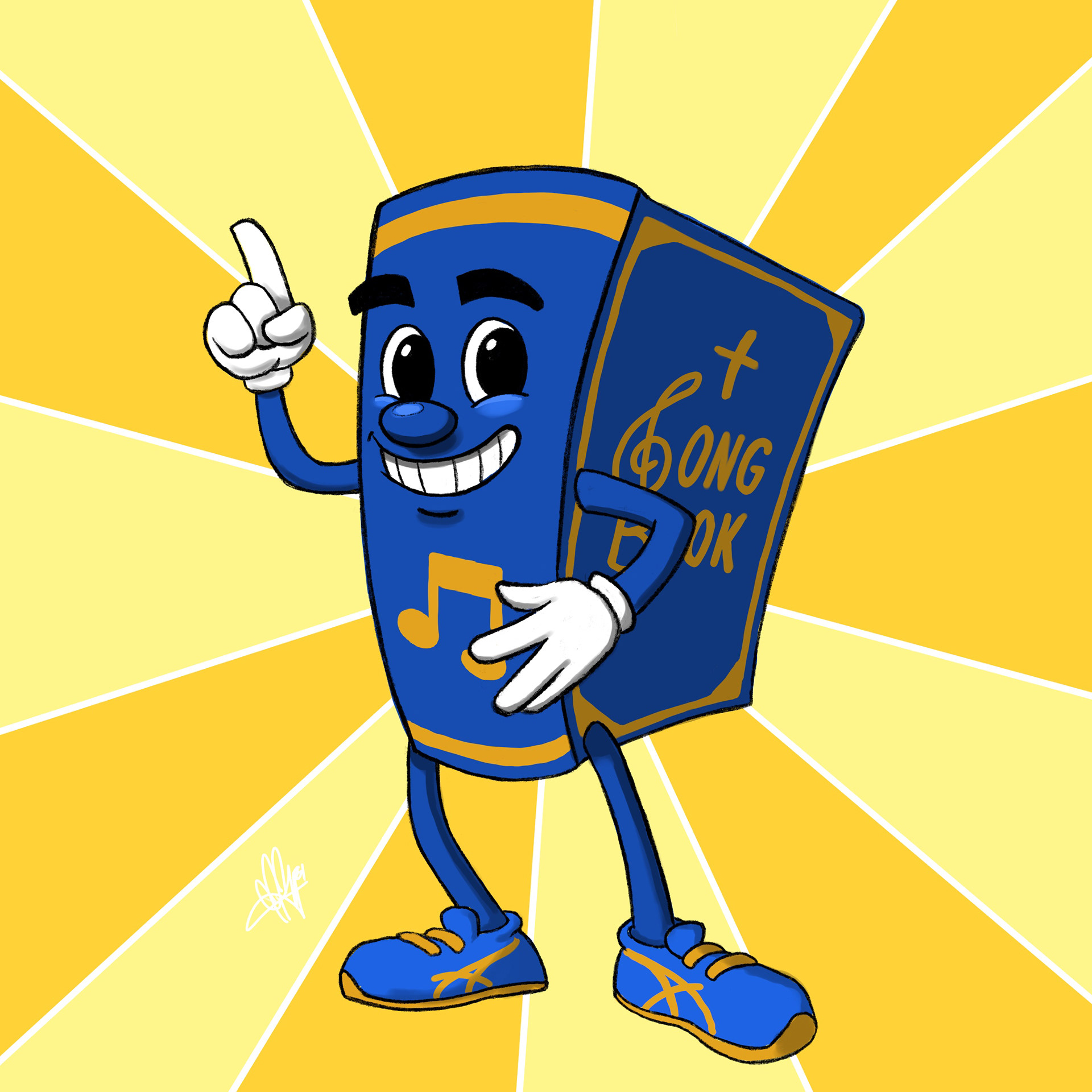 Psalty - A fun cartoon smiling blue anthropomorphic song Book with arms and white gloved hands, legs with blue and yellow Asics shoes