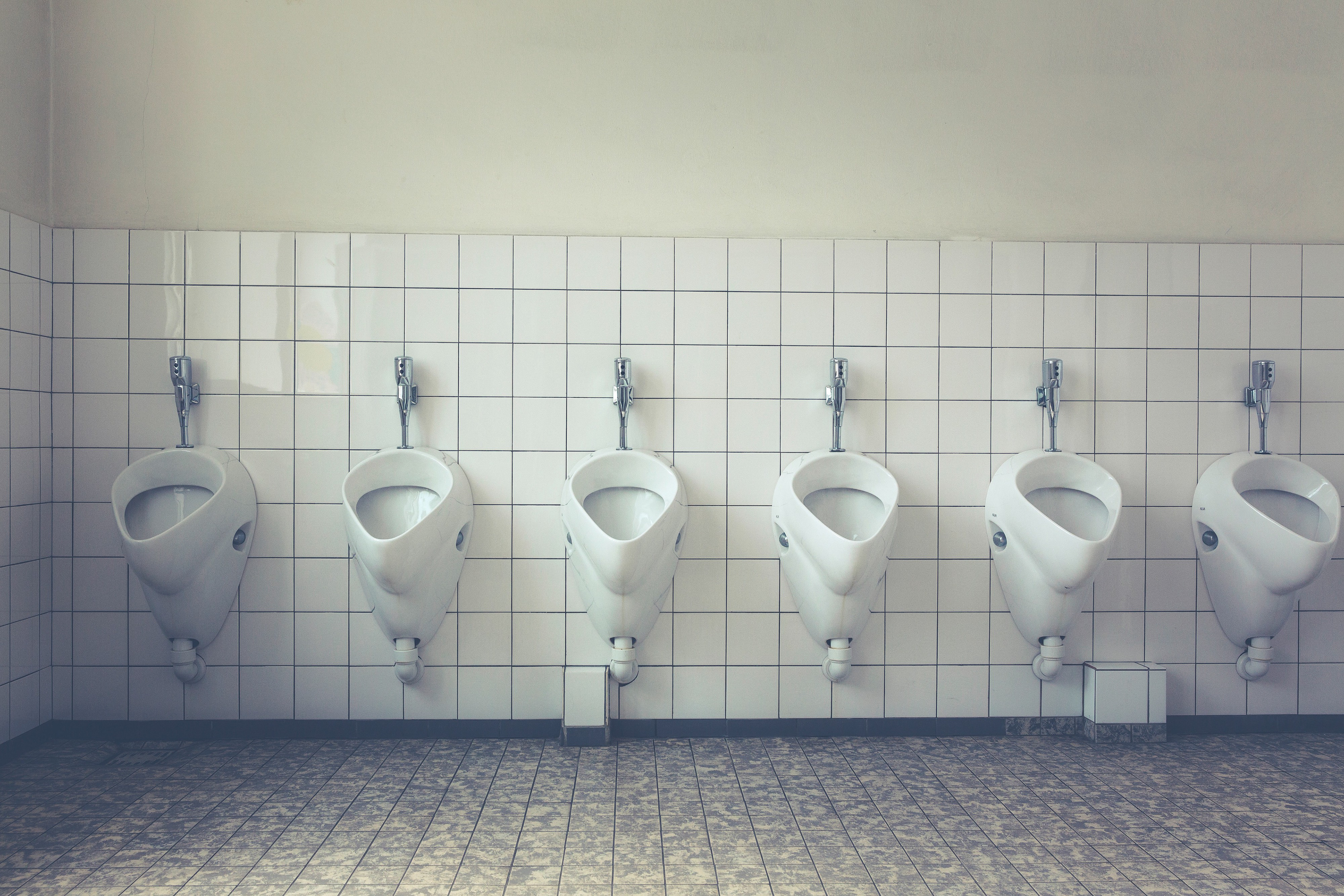Image description: A line of urinals on a white tile wall. The upper half of the wall is painted white and the floor has a speckled grey patterned tile.