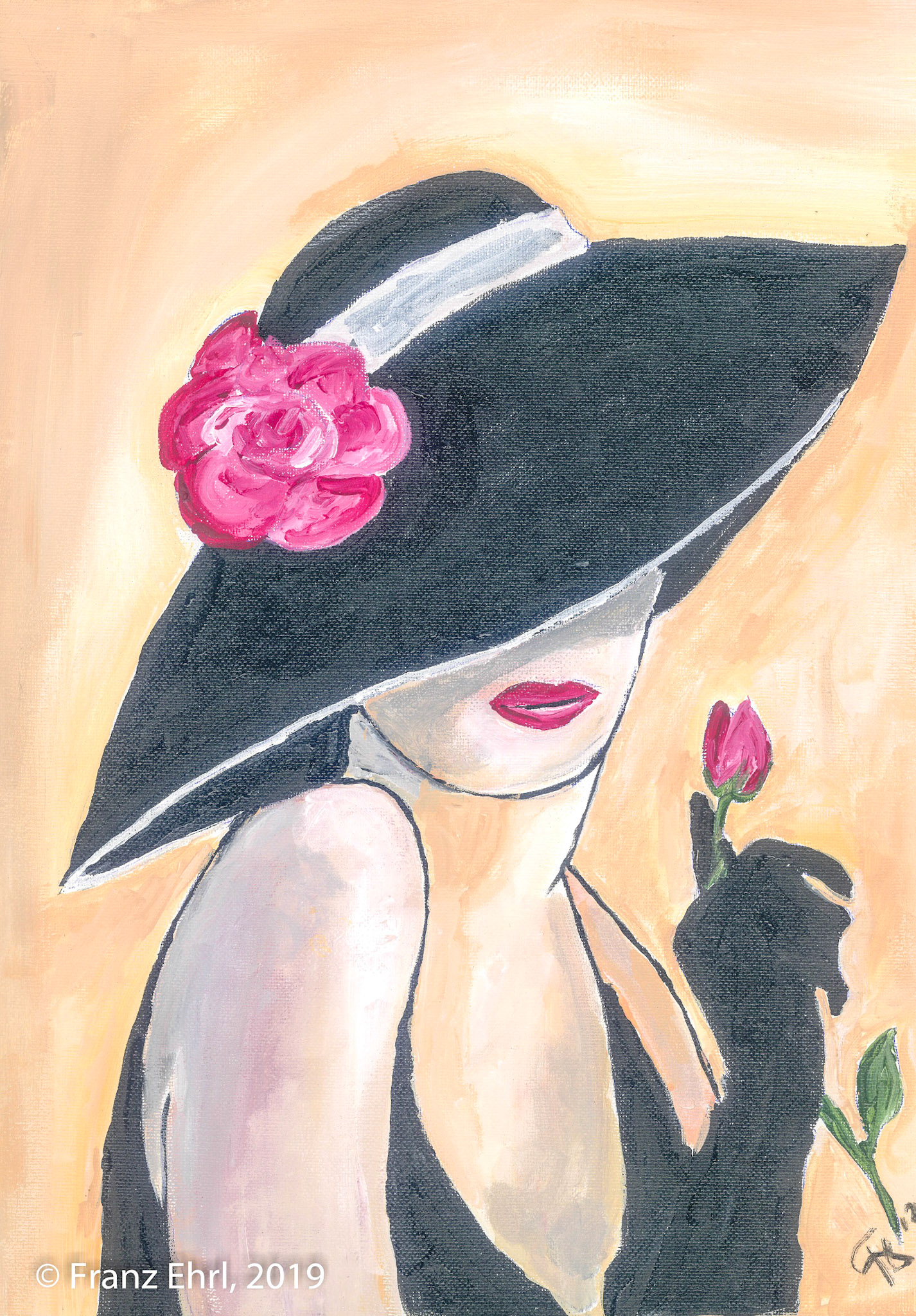 Dame mit Hut und roter Blume | Frank Xavier Original | Acryl auf Leinwand | Größe 30 mal 40 cm