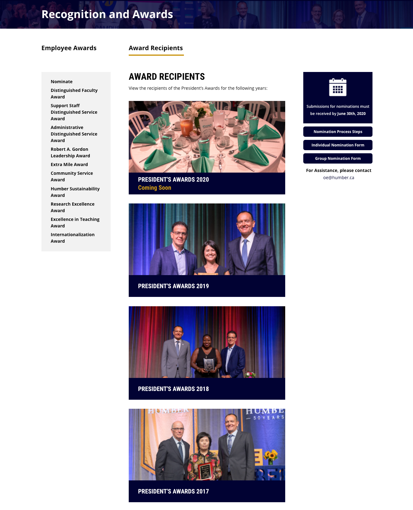 Main Awards Recipients section of the Awards sub-page