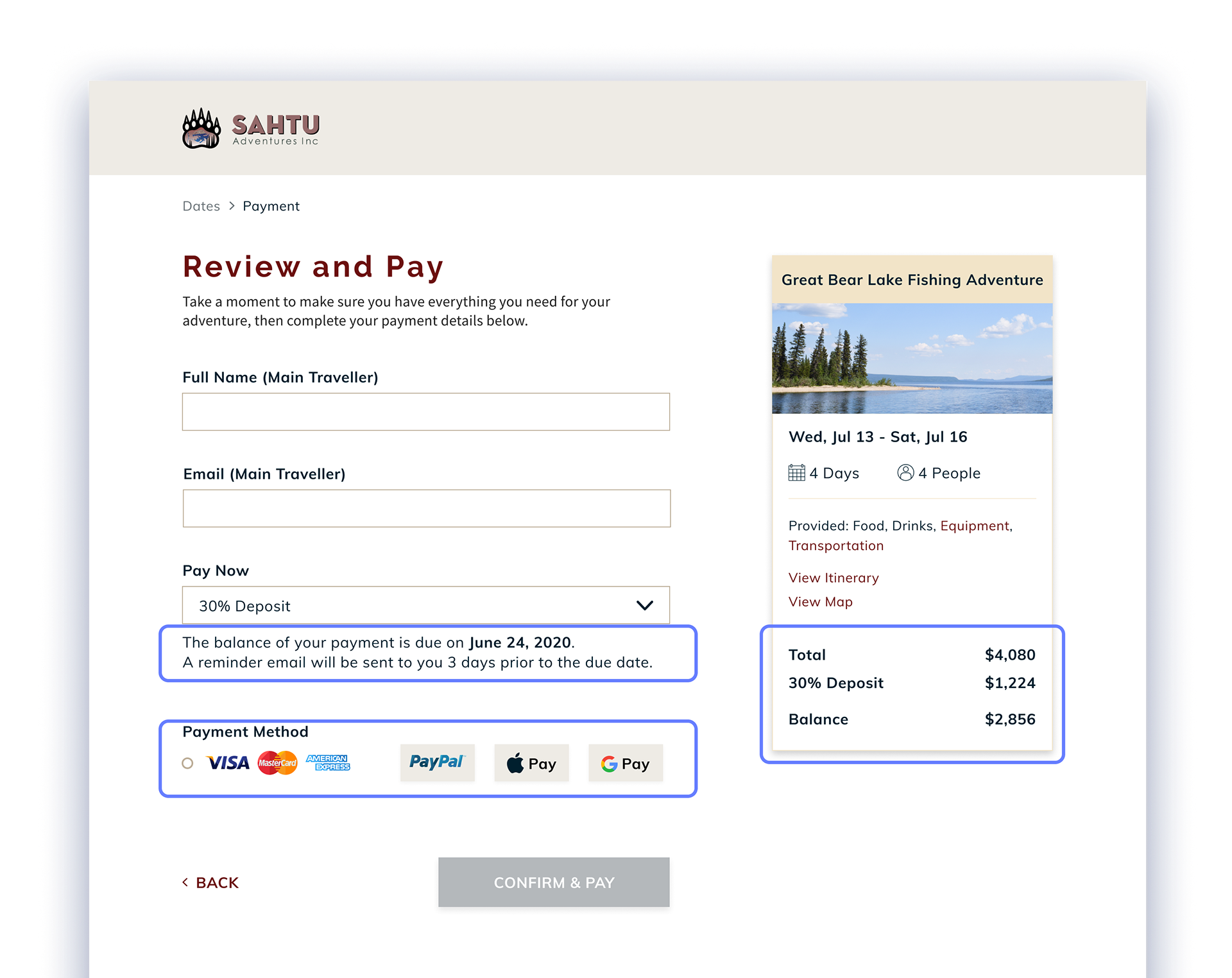 Final screen for payments from booking flow