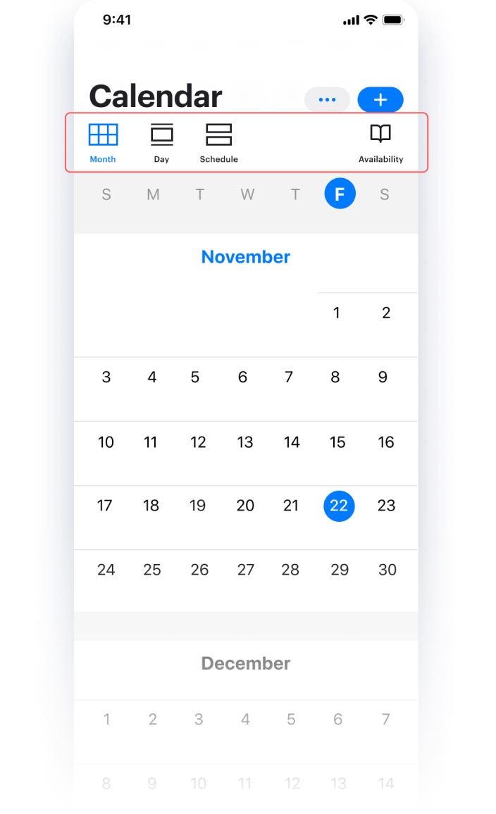 Wireframe design of calendar screen with multiple view options highlighted