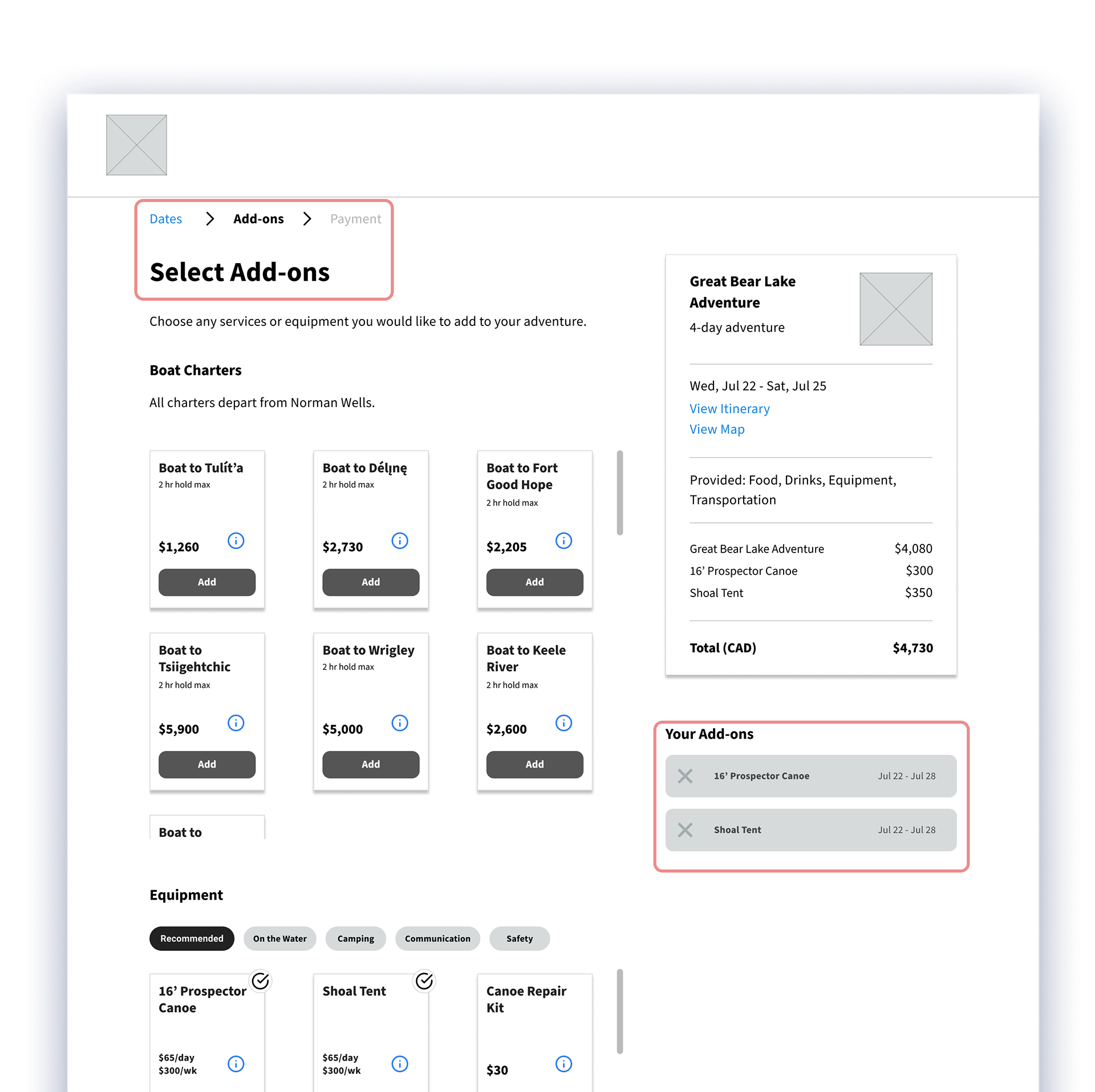 Wireframe of booking flow screen showing Add-ons portion of the flow