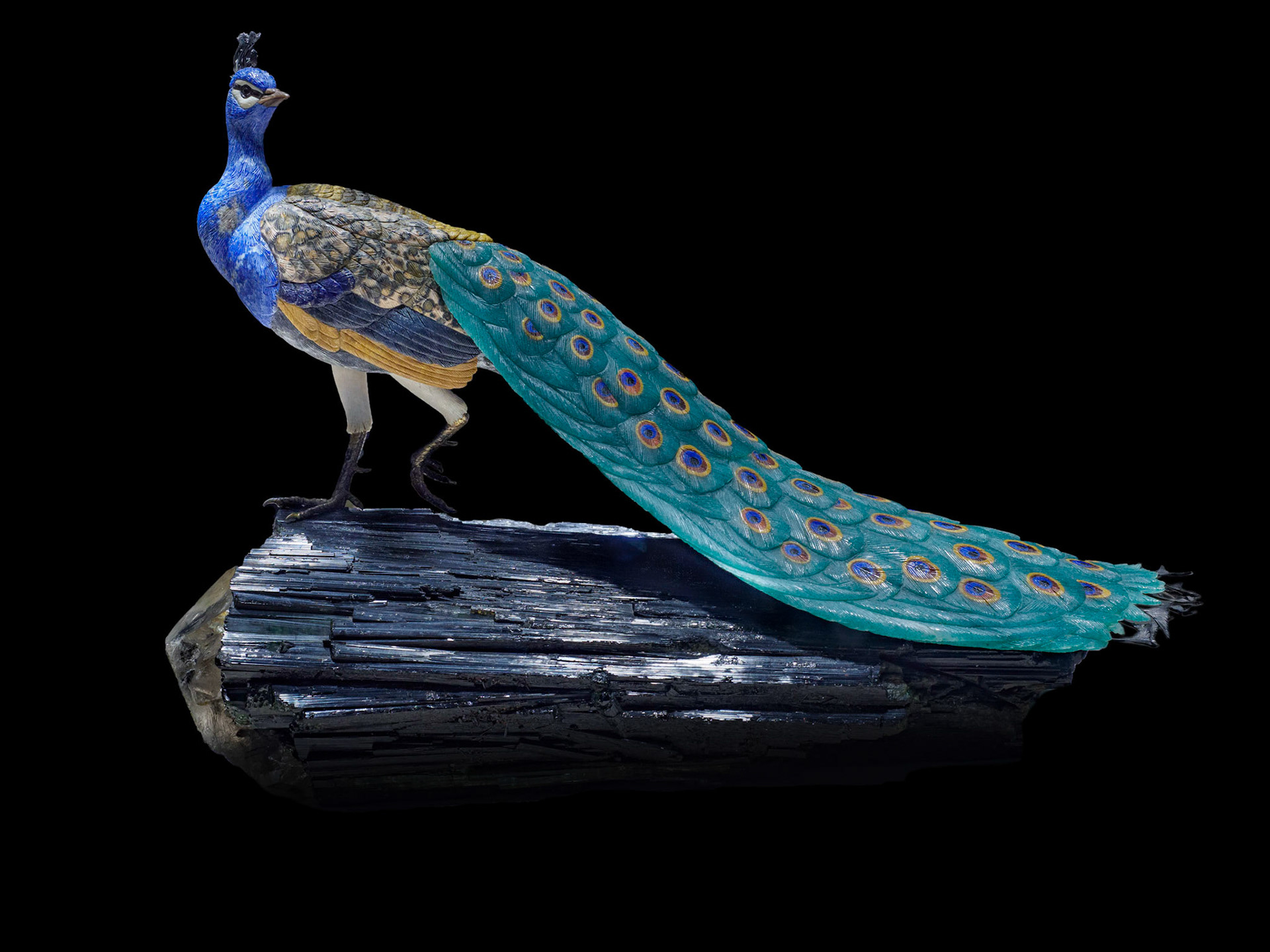 Silver, old-plated silver, quartz with black roumaline (base) tiger-eye, jasper, lapis lazuli, agate and malachite - Various locations - This stunning peacock was assembled from over 350 individual pieces.