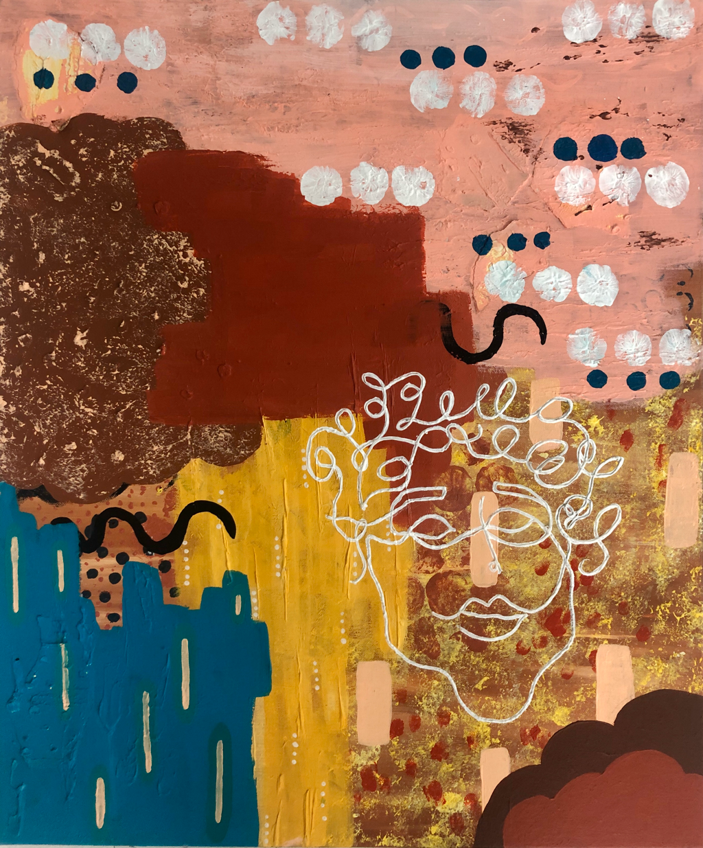 “In the Midst of Chaos” | ​20” x 24” | Acrylic, molding paste, paper and 3-D pen on canvas | 