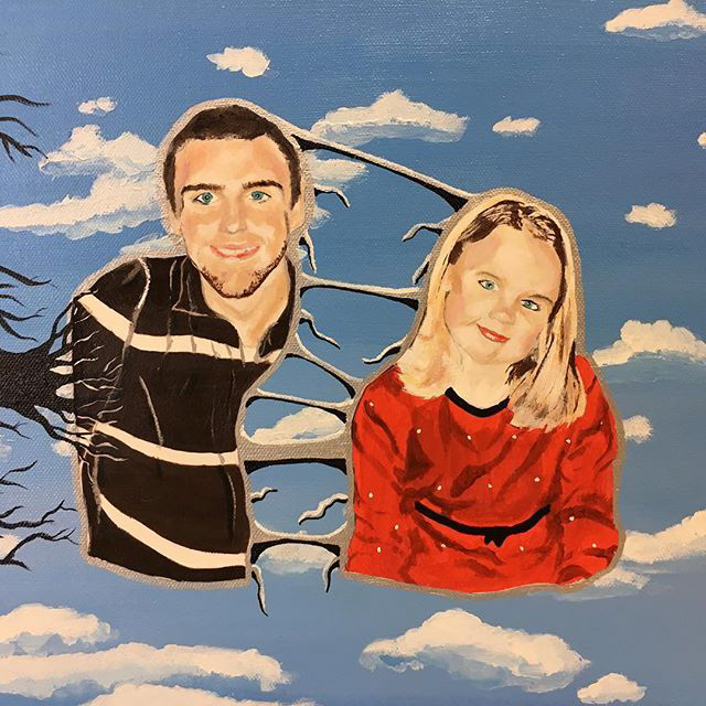 "The Drift" | 11" x 14" | Acrylic on canvas | This painting represents the drift between two people. The black on the left is meant to show an object that causes the rift between two people. The strings in the middle show the tension of the split. They also represent the attempts to hold on made by the person left behind.