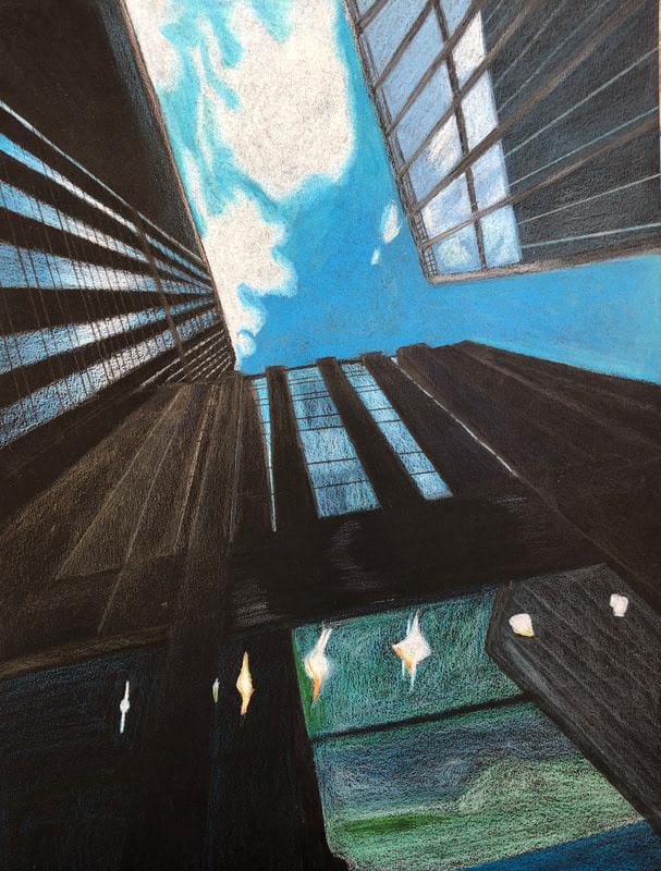 "Skyscraper” | 11.5” x 9” | Colored pencil | The original reference photo for this artwork was taken in Manhattan. Colored pencil allowed me to create the linear patterns I needed and also allowed me to blend and layer color and create reflections.