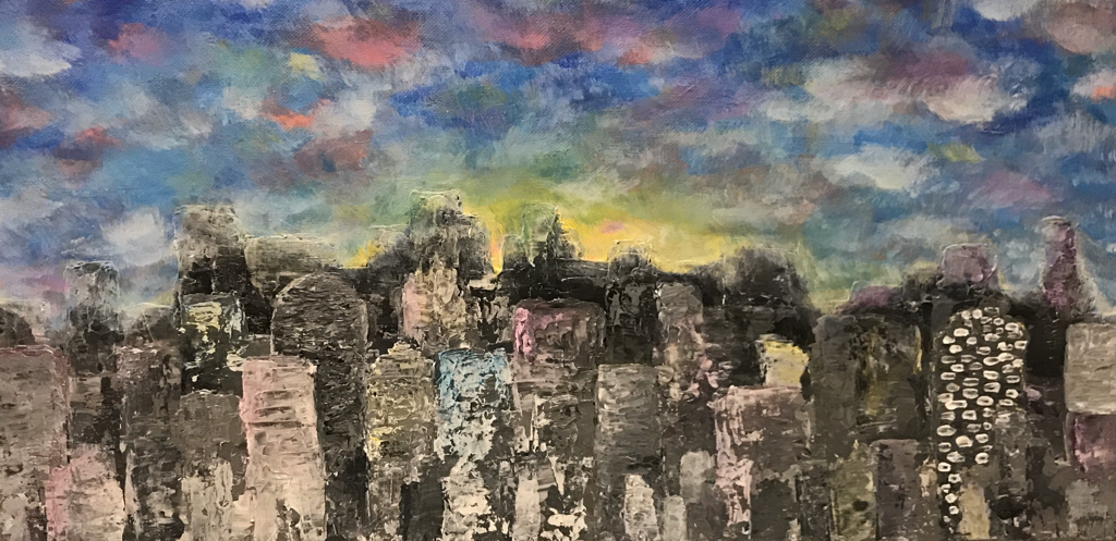 "Cityscape" | 20" x 10" | Acrylic, liquid acrylic, and gel medium on canvas