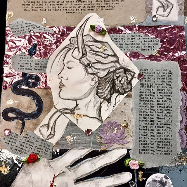 "Art in Controversy" | 11" x 15" | Mixed-media collage | his collage showcases the beauty in pain and controversy. It was made to reclaim things that are seen as taboo and display them as art and beauty. I also worked in typewritten saying that tie in with this topic as a written way to convey these ideas.