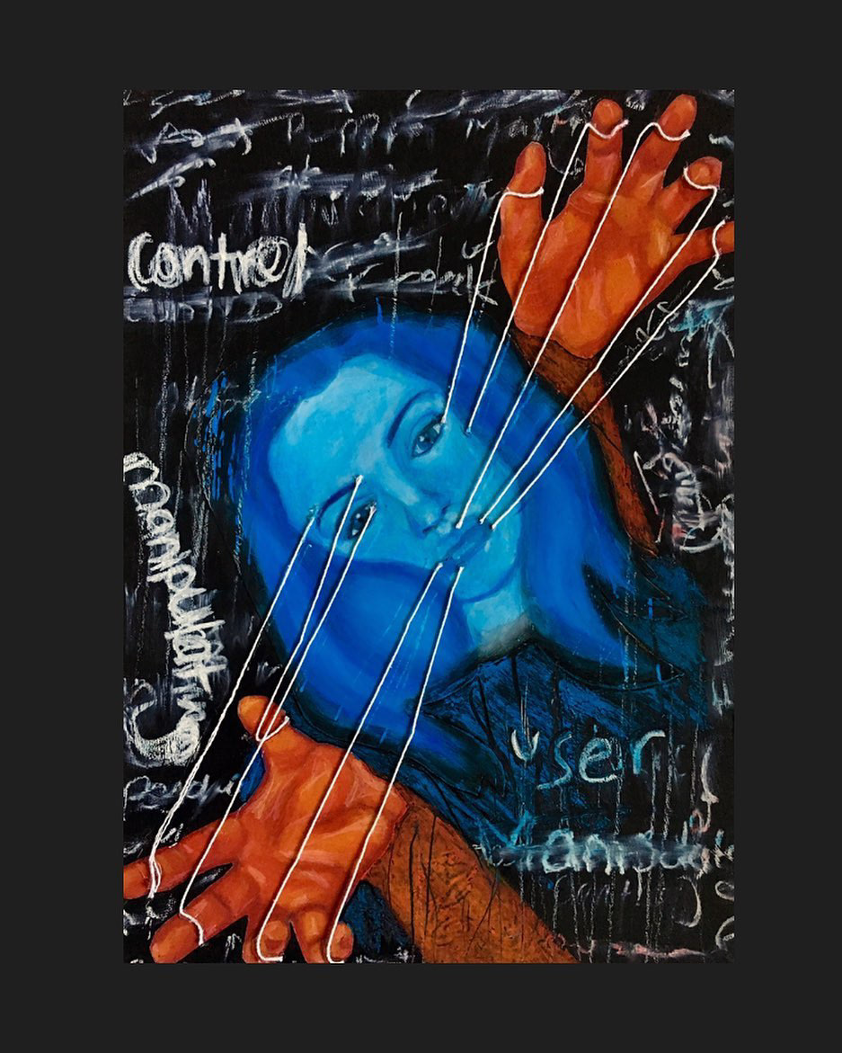 "Manipulation Game" | 14" x 20" | Oil pastel and string on poster board | This piece is depicting a toxic relationship. The hands are controlling the woman, the strings similar to how a puppet is controlled. Her sadness is conveyed through her facial expression and the blues in her face.
