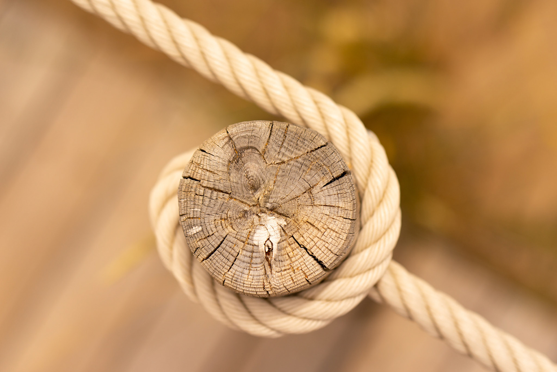 Detail of wood handrail on the sand with rope