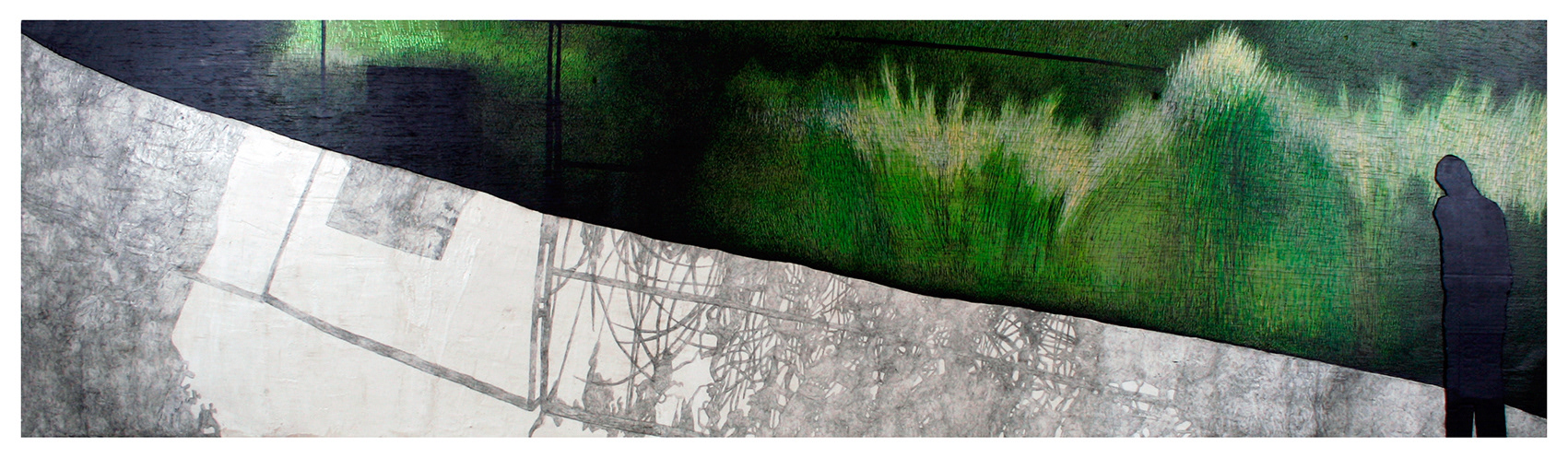»Eiffestr. der Strassenrand No. 1«, 2013, marker, acrylic paint, water color, cement on ply wood, 225 × 60 cm, Artwork by Lena Schmidt, www.lenaschmidt.com, Art, Wood, Drawing, Painting, Carving