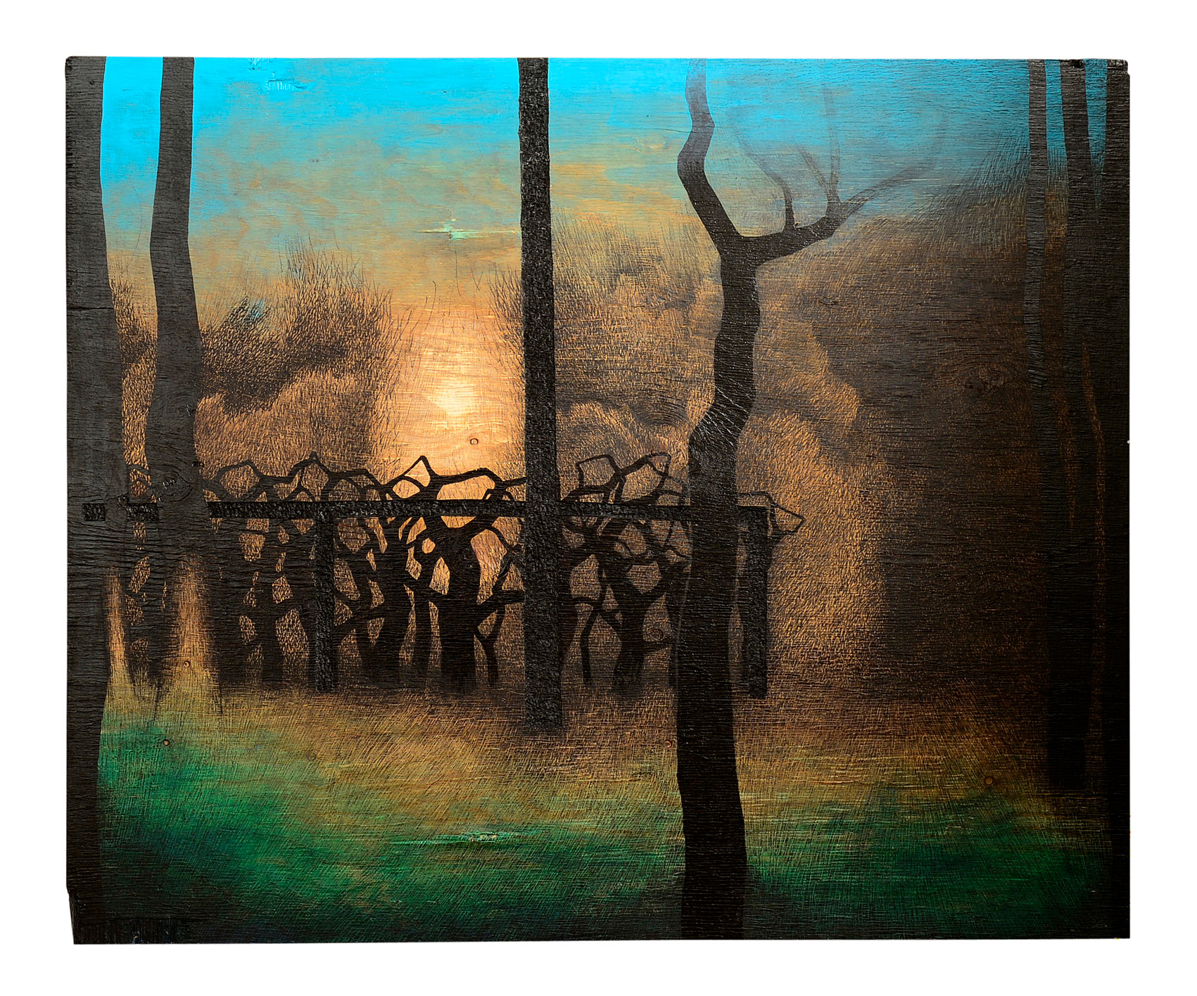 »Olympos No.2«, 2013, marker, acrylic paint, enamel on wood, scratched and carved into wood, 120 × 100 cm, Artwork by Lena Schmidt, www.lenaschmidt.com, Art, Wood, Drawing, Painting, Carving