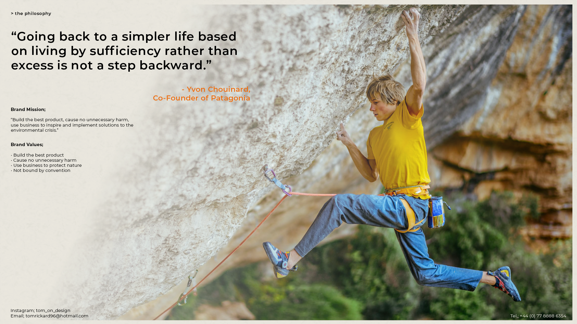 rock climber man in yellow t shirt swinging from cliff with yvon chouinard quote