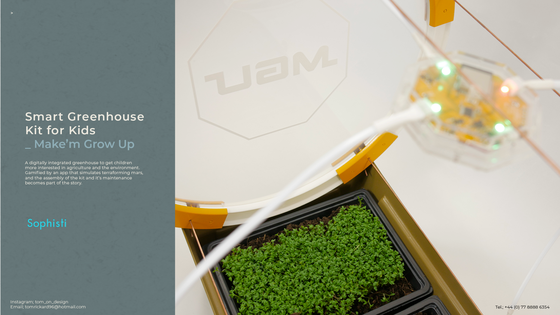 close up of the makem grow up smart greenhouse for sophisti by tom Rickard pcb with leds