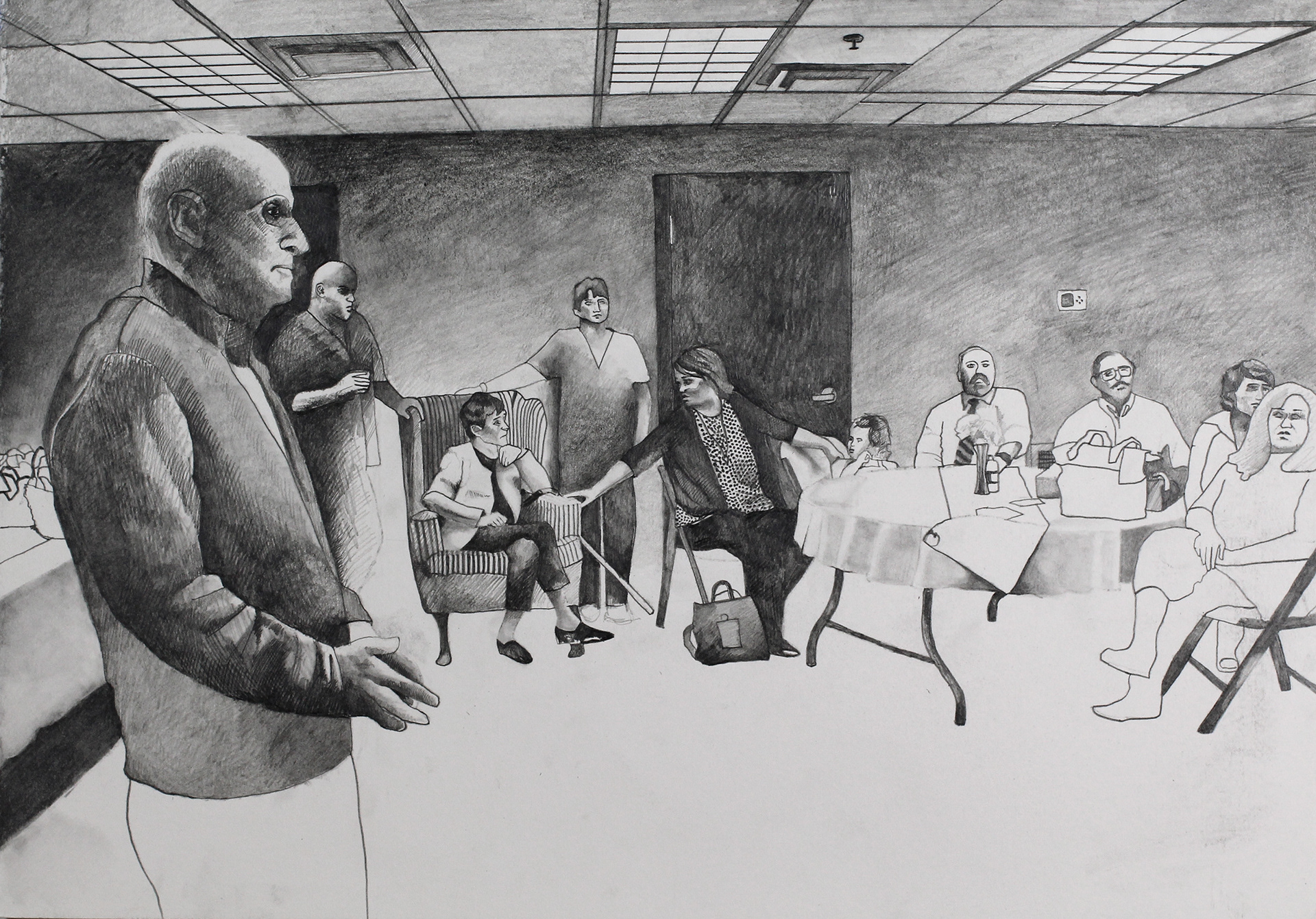 "The Wake: you will be remembered for your cheap cigars, your knife collection, your navy stories", Graphite on paper, 14" x 20", 2021